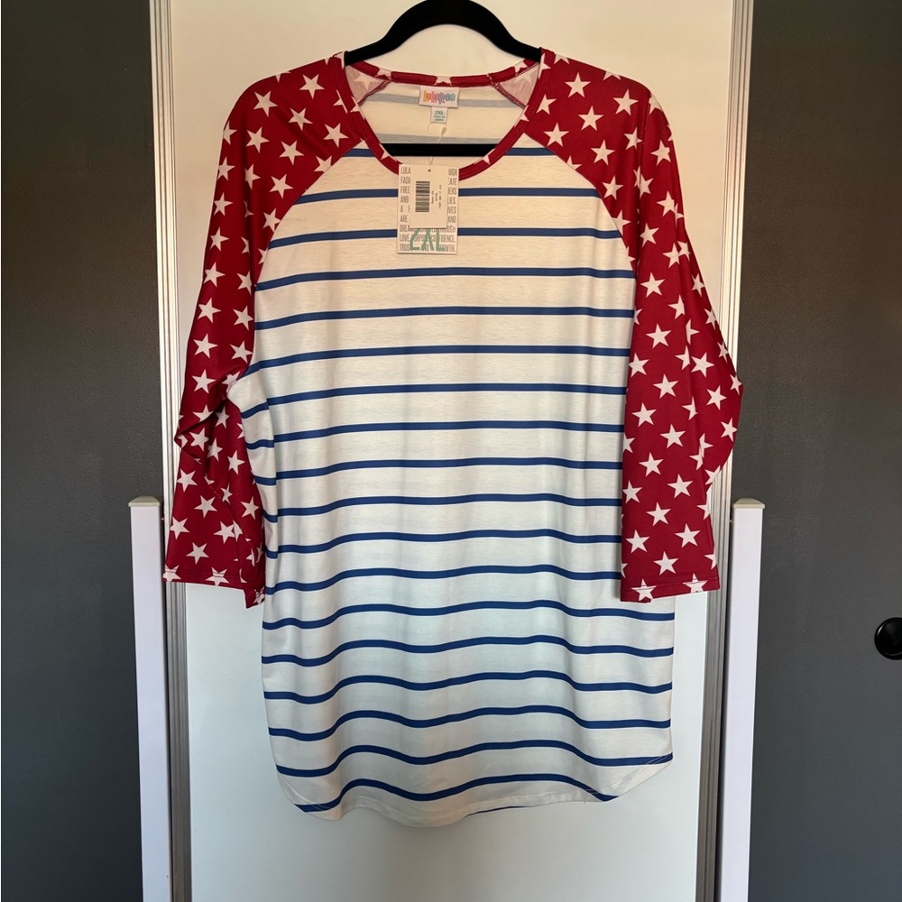 LuLaRoe Red and Blue Striped Randy top with Star Sleeves